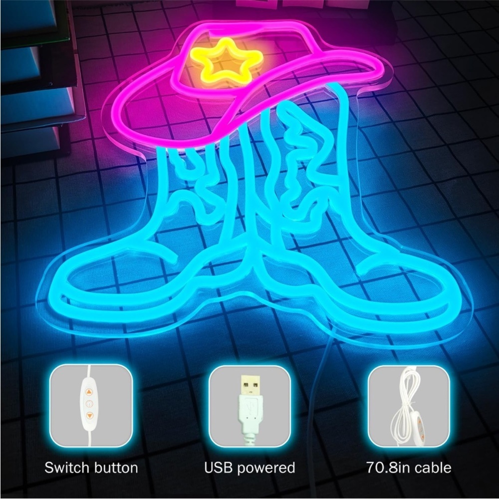 Neon Cowgirl Boot Blue Pink Bday Party Wall Indoor Outdoor Gift Light LED Decor - Picture 3 of 4
